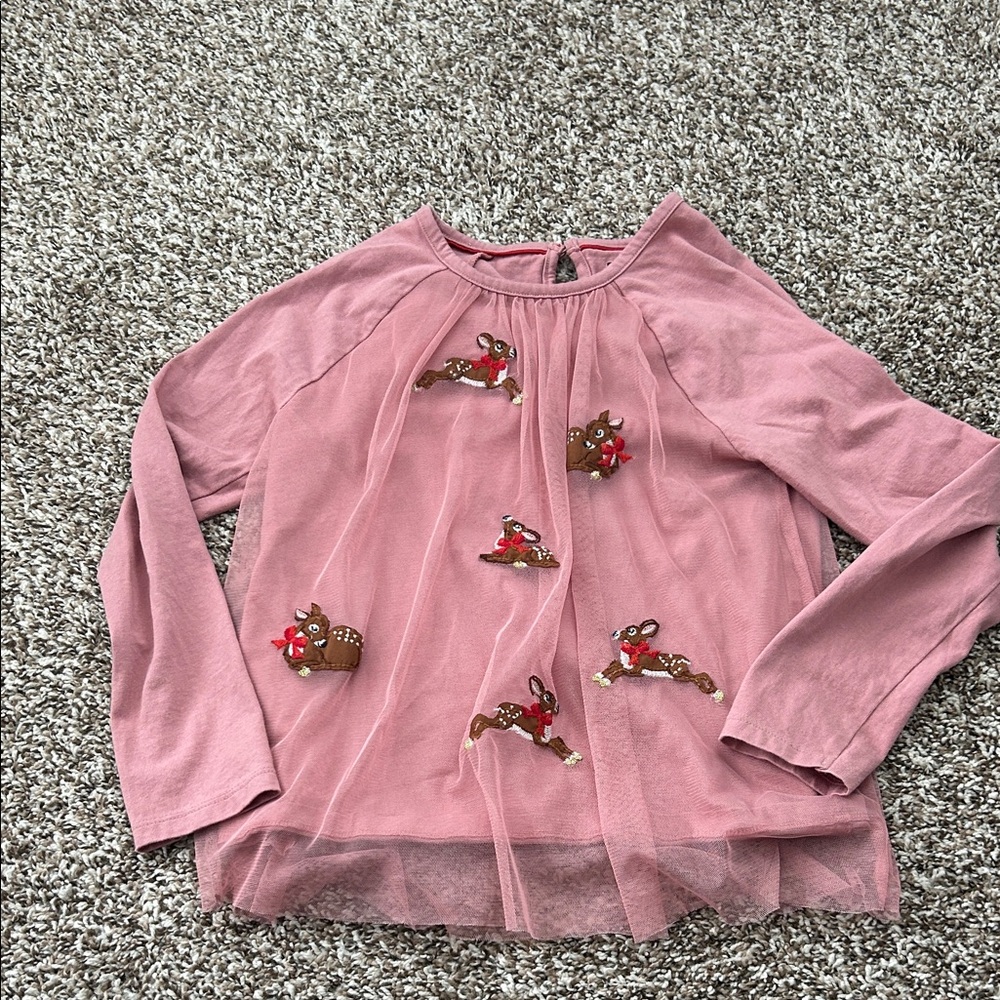 Mini Boden Girls' Pink Tulle Long-Sleeve Top with Reindeer Embroidery - Picture 5 of 5